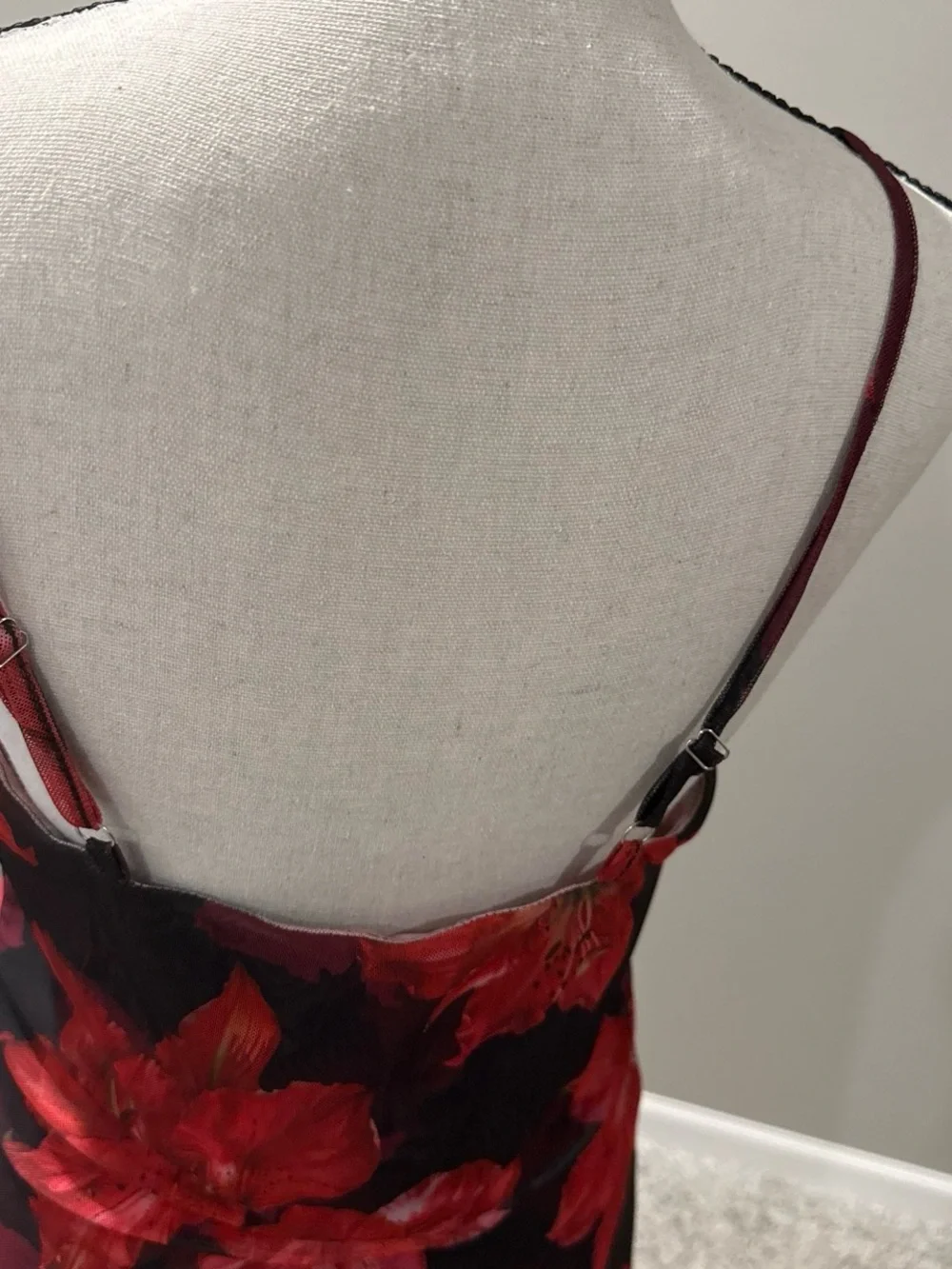 SHEIN Black Mesh Mini Dress with Red Floral Print
